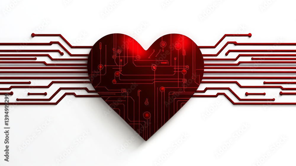 Poster heart symbol designed with circuit patterns, representing technology and love