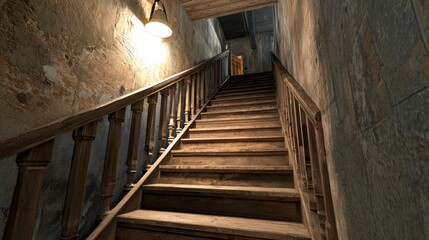 Narrow wooden staircase with worn steps and antique railing, soft side lighting and faded wall tones
