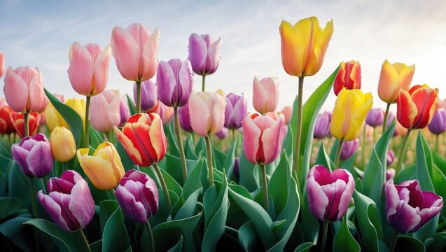 Brightly colored tulips in a field with a white background