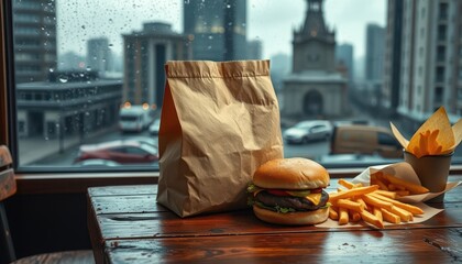 Paper craft bag for packaging products of burger, fast food restaurants. Clean light brown craft mockup for applying information. Against the background of a burger and other fast food on a table in t