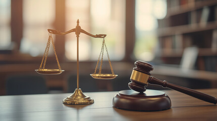 Judicial Tools: Wooden Gavel and Scales in Front of American Flag