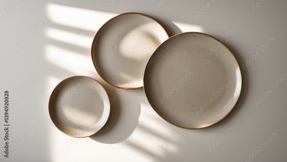 Aufkleber background featuring three plates of different sizes. flat lay style, viewed from above. plates in n