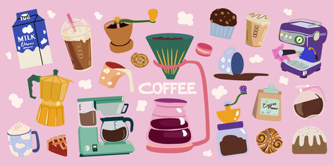 Coffee doodle retro illustration collection. Cartoon elements for cafe menu, coffee shop, patches. Coffee maker, coffee machine, mug, cup, milk pitcher, kettle, sweets