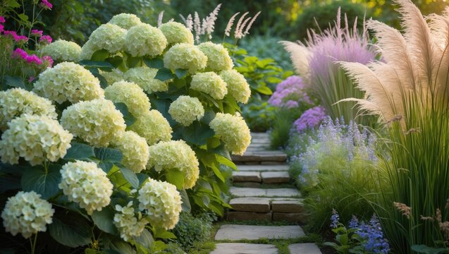 Lovely limelight hydrangea bushes blooming beautifully giving a romantic vibe to the front yard intertwined with feather grass.