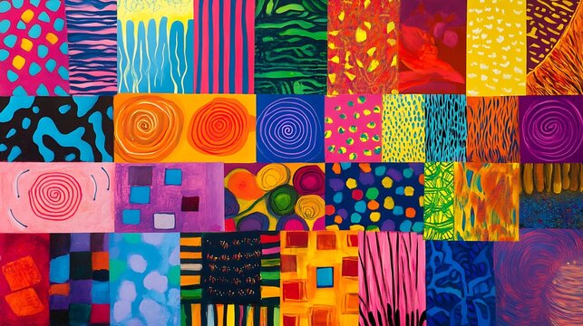 A cheerful collage of abstract patterns inspired by festive celebrations in bright vibrant colors  - Powered by Adobe