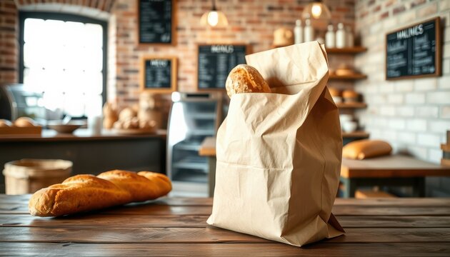 Paper craft bag for packaging bakery and confectionery products. Clean light brown craft mockup for applying information. Against the background of a bakery and confectionery store