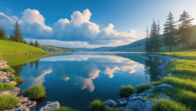 Scenic outlook on azure reflecting lake and clear mountain cool waters with narrow rocky shoreline in green coniferous spruce woods with towering fluffy thorny firs, set against a blue daytime cloudy