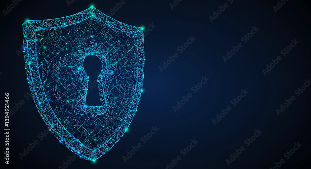 Poster a digital representation of a shield with a keyhole in the middle. it consists of interconnected lig