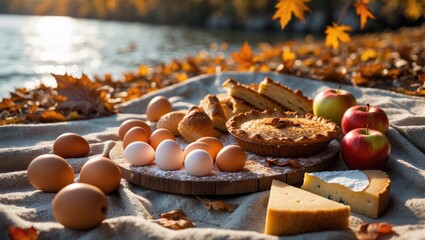 An inviting picnic scene by the riverside showcases warm sunlight, freshly made eggs, baked items, apples, and autumn leaves, creating a perfect atmosphere for relaxation and enjoyment.