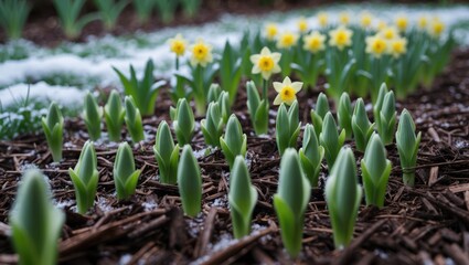 Ground covered in light snow and spring frost, featuring emerging green tulip and daffodil shoots, as winter concludes and the garden experiences seasonal changes towards warmer weather