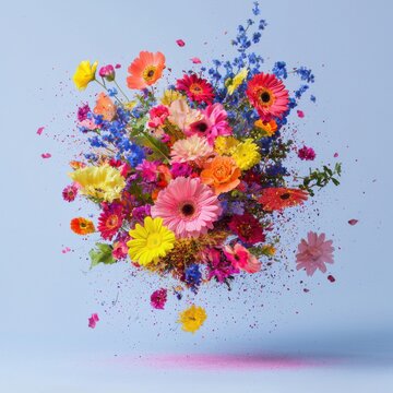 Vibrant explosion of colorful flowers in mid air, artistic chaos, high contrast, modern background concept