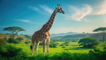 Obraz premium Giraffe elegantly positioned in lush green grass beneath a bright blue sky