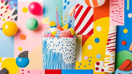 A cheerful collage of colorful patterns inspired by birthday celebrations set in a clean aesthetic 