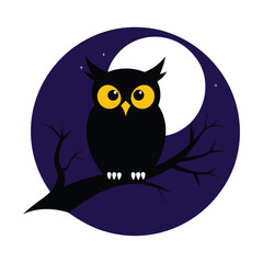 Silhouetted Owl On Crescent Moon Branch Under Starry Night Sky