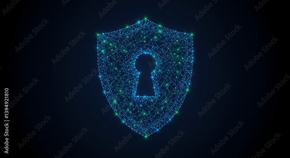 Poster a digital representation of a shield with a keyhole in the middle. it consists of interconnected lig