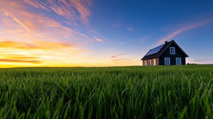 a house in a field with a sunset in the background
