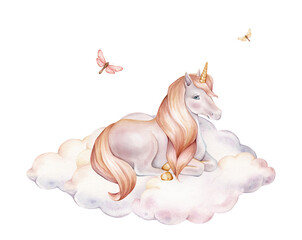 Hand drawn watercolor illustration of the Unicorn sitting on clouds with butterfly for Baby shower invitations or nursery wall art. Fantasy pony or horse for kids greeting cards.