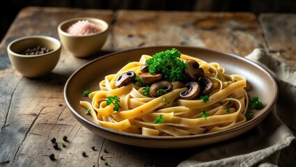Cooked mushroom pasta garnished with parsley on a plate, seen from above on a kitchen table. Vegan cooking and recipe.