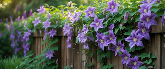 Garden fence adorned by flowering clematis.