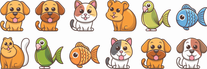 Obraz premium Cute cartoon pet vector icons with specific breeds and colors – Ideal for educational apps, pet lover merchandise, or animal-themed branding