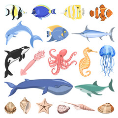 Set of marine life of the sea, fish,mammals,seashells, isolated on a white background.Vector collection for summer designs.