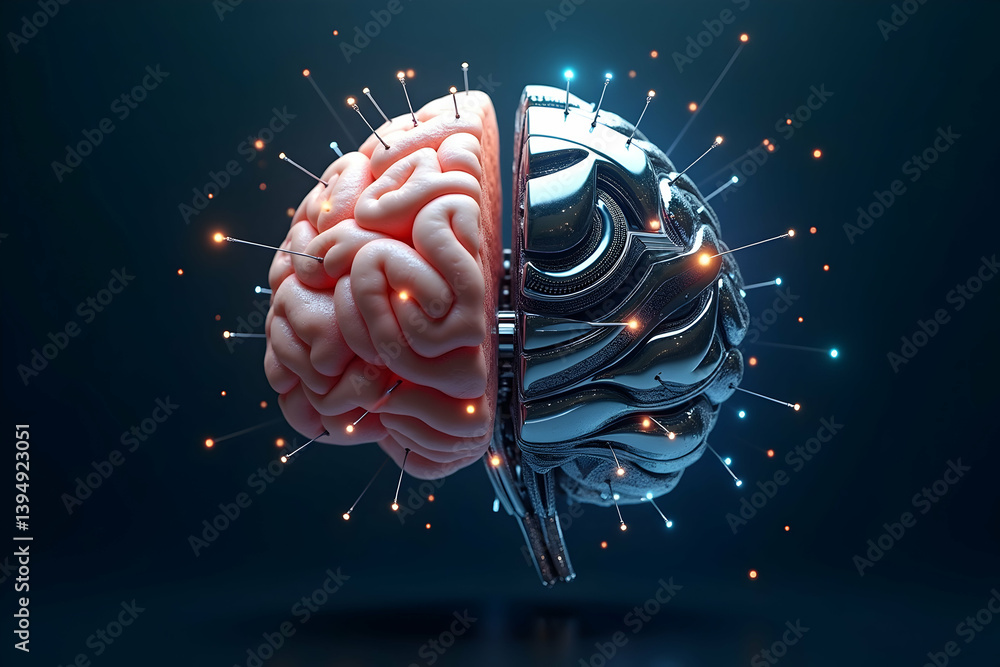 Poster an innovative artificial intelligence concept featuring a brain merging organic and metallic element