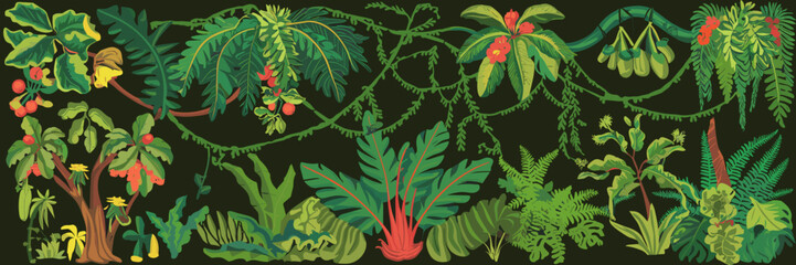 Tropical rainforest icon set with exotic plants, vines, and ferns – Ideal for nature, eco-tourism, or environmental content