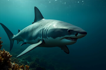 Fototapeta premium An Impressive Great White Shark Prowls the Ocean Depths with Majesty and Poise, Offering a Glimpse into the Underwater Realm's Untamed Power and Mystery