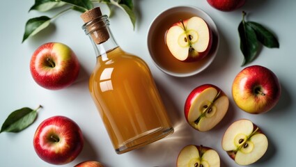 Ripe fresh apples and apple cider vinegar. A glass bottle of apple cider alongside fresh apples. Light background. Overhead view. Space for your text.