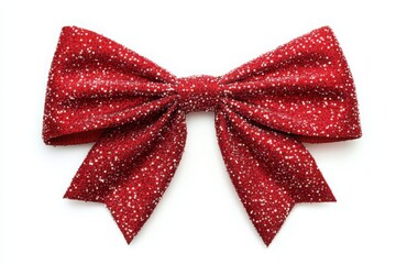 A shiny red bow with white dots on a white background