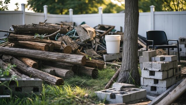 Example image depicting an extremely cluttered backyard filled with stacked debris and tree trunk logs urgently requiring attention.