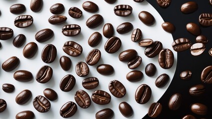 Obraz premium Coffee beans in free fall on white and black surfaces