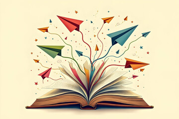 An open book spewing colorful paper airplanes into the sky representing imagination, learning, freedom, and the limitless possibilities of knowledge and education