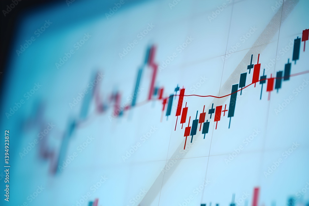 Poster analyzing financial data on a screen displaying a candlestick chart representing stock market trends