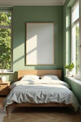 Serene Bedroom Interior Design with Natural Light and a Blank Canvas for Artwork