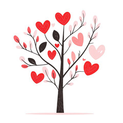 A whimsical tree with branches adorned with vibrant red and pink hearts, symbolizing love and affection, set against a white isolated background.