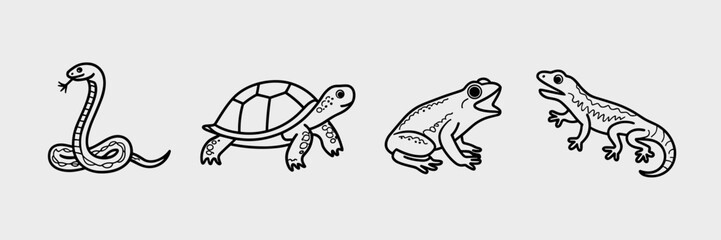 Fototapeta premium Reptile and amphibian vector icons with open mouths and curled tails – Ideal for educational posters, natural science content, or wildlife apps