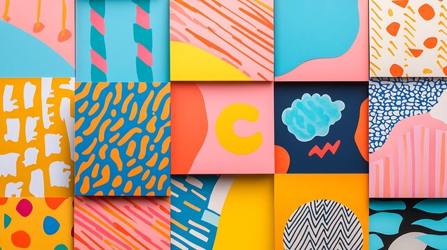 A cheerful collage of colorful patterns inspired by birthday celebrations set in a clean aesthetic
