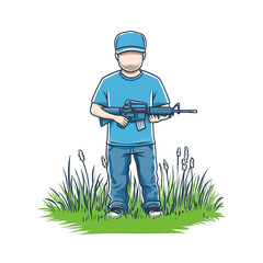A young boy in a blue outfit holds a toy gun, standing in a grassy field. The image portrays themes of childhood and innocence amidst a backdrop of playful imagery.