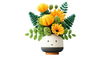 A colorful and lively bouquet of yellow green and textural flowers and foliage arranged in a minimalist white ceramic vase creating a visually striking and natural display