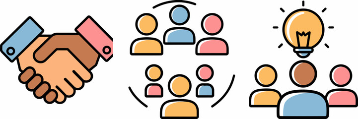 Teamwork vector icons with handshake, discussion, and idea &ndash; Great for business presentations or collaboration tools