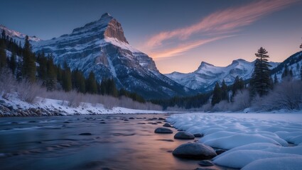 Renowned winter view in the Rockies at the park. Castle Mountain adjacent to the Bow River.