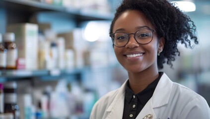Smiling Pharmacist Wearing Glasses in Front of Shelves at the Pharmacy