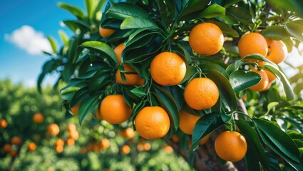 Lush garden filled with bright oranges in sunlight, emphasizing organic farming.
