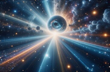 Naklejka premium A swirling vortex of light and color pierces through nebulae and astral bodies, creating a cosmic spectacle of energy and wonder. Is it a black hole, a portal, or the birth of a new universe?