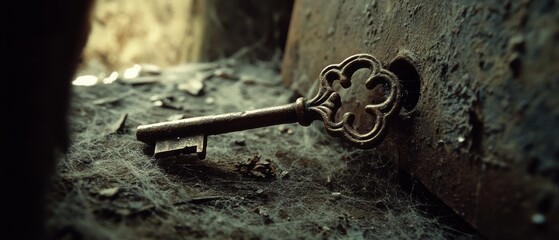 An antique key lies in cobwebs and dust, evoking a sense of time, history, and the forgotten stories hidden away in old places.