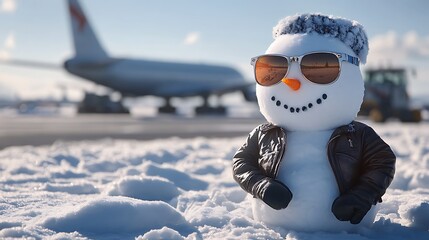 A playful snowman wearing sunglasses and a stylish jacket, positioned against a snowy airport backdrop with an aircraft in the distance under a clear blue sky