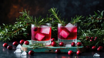 Rosemary and Cranberry Cocktail with Ice on a Dark-Themed Background