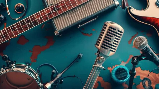 Videos with musical instruments such as guitar, microphone and drum will be useful for creating atmosphere in music videos or advertisements related to the music industry.
