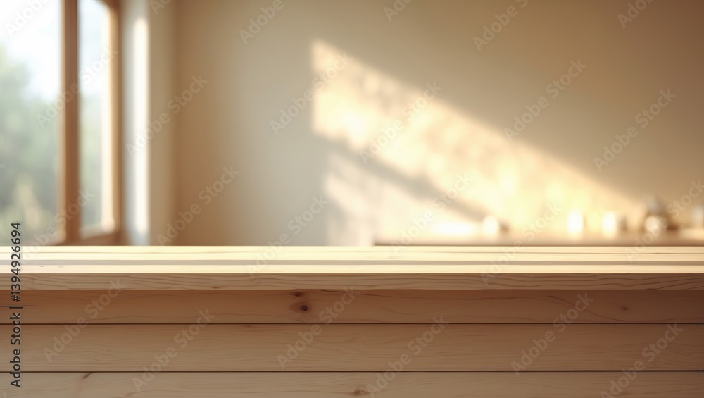 Poster empty wooden countertop mockup for product display and text design. a summer backdrop with window sh